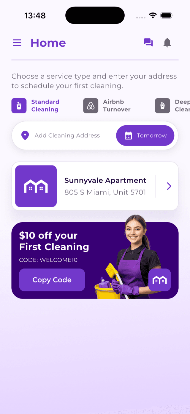 The Rushmaid app home screen with the cleaning types and an address field